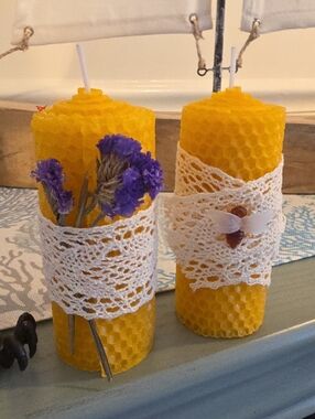 Handmade Beeswax Pillar Candle with Lace Accent - Yellow